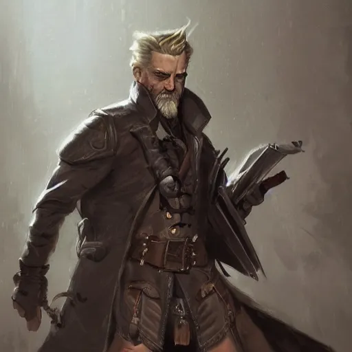 Image similar to portrait of a muscular, grim, ponytail haired blonde man in his late 30's, wearing a thick brown leather coat, looking to his side, hunter, DnD character, fantasy character, digital art by Ruan Jia, Krenz Cushart, Rossdraws and Boris Vallejo