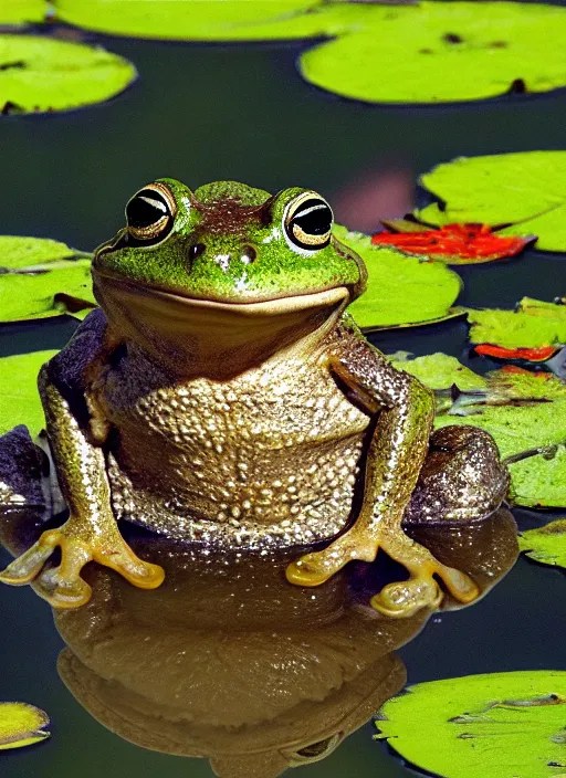 Image similar to close - up of a smiling frog in the pond with water lilies, medieval castle on background, shallow depth of field, highly detailed, autumn, rain, bad weather, ominous, digital art, masterpiece, matte painting, sharp focus, matte painting, by isaac levitan, asher brown durand,