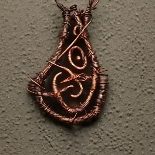 Prompt: a beautiful amulet made from sand and dirt, with copper wire details