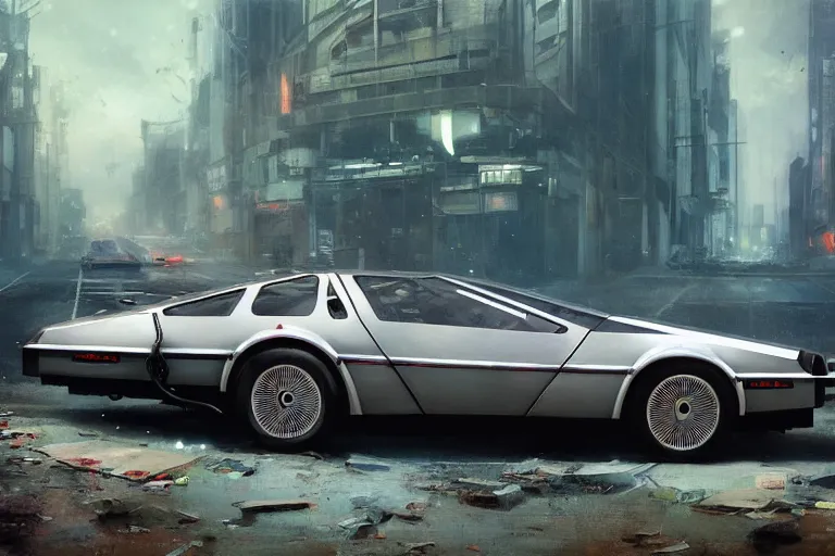 Image similar to photograph of the delorean, with a sleek spoiler, driving down the streets of a cyberpunk abandoned city, by greg rutkowski, by stanley artgerm, by alphonse mucha