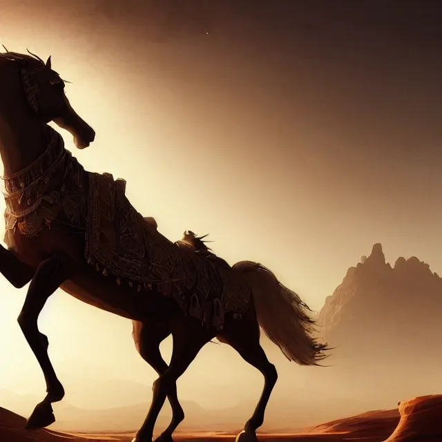 Prompt: arabian horse in the desert, environment, illustration, symmetrical, smoky, unreal engine, colors, epic scene, fantasy art by greg rutkowski,, golden raito, high quality, intricate details, details, intricate, atmosphere, highly detailed, matte painting, cinematic, deviantart, realistic, concept art, 4 k