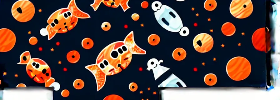 Image similar to pattern with cats in astronaut suits and fish figures, mild colors, black background, blood drops splashed on canvas
