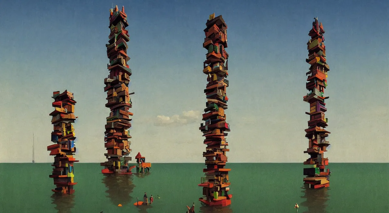 Prompt: single flooded simple wooden totem tower, very coherent and colorful high contrast!! masterpiece by rene magritte simon stalenhag carl spitzweg syd mead norman rockwell edward hopper james gilleard, minimalist, dark shadows, sunny day, hard lighting