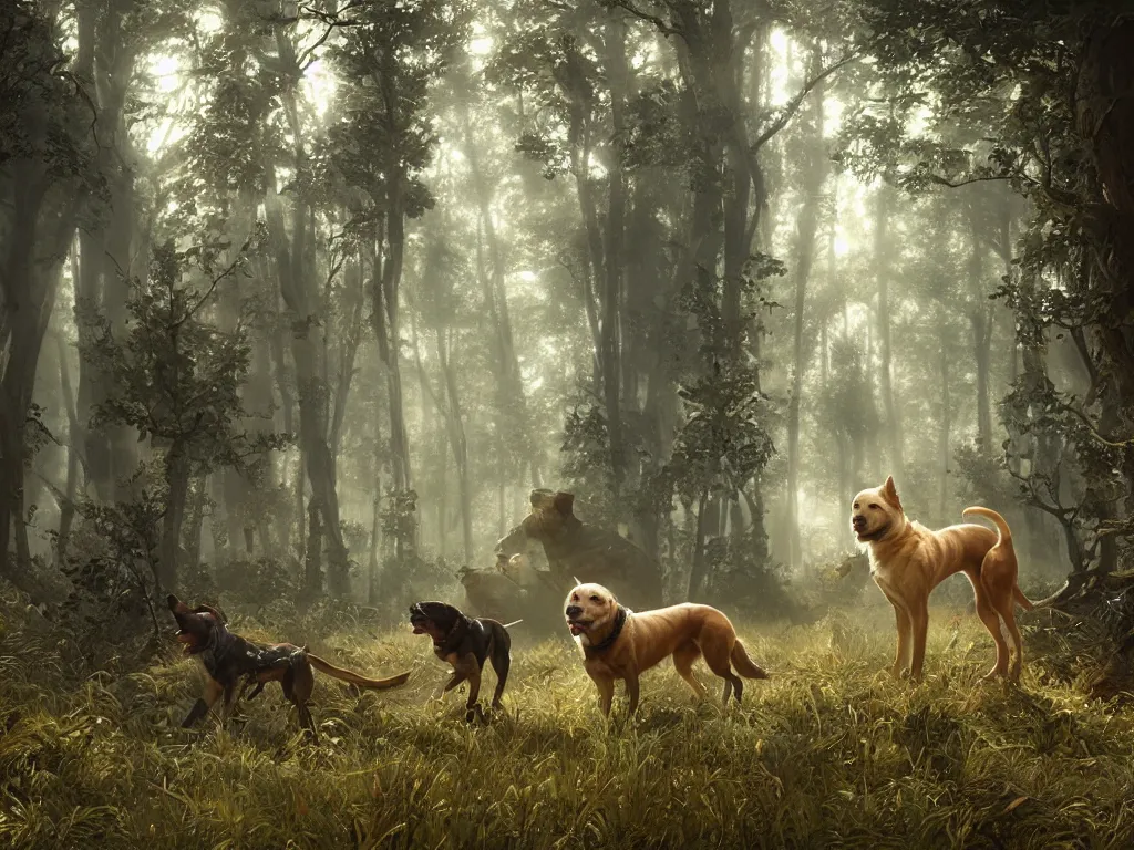 Prompt: dogs crossing empty forest, unreal engine 5, art by artgerm and greg rutkowski and alphonse mucha, global illumination, detailed and intricate environment, hyperrealistic, volumetric lighting, epic cinematic shot, perfectly defined features, ambient occlusion