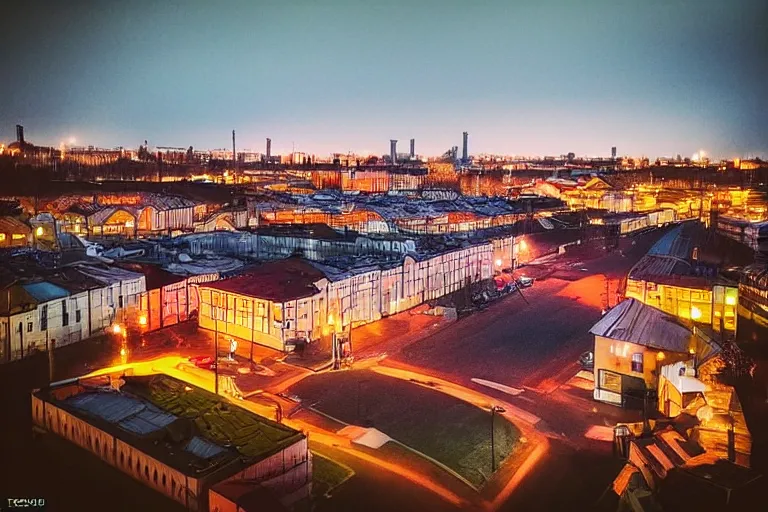 Image similar to a iphone 6 photo of typical russian city yard at evening, dutch angle,