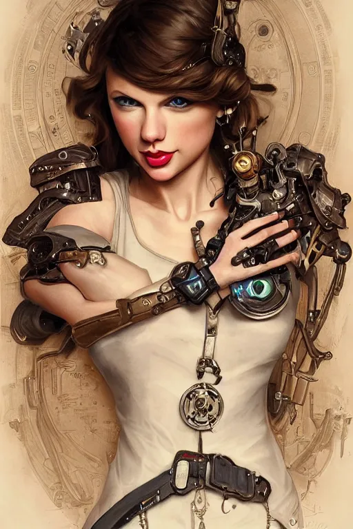 Image similar to taylor swift as a steampunk cyborg elf, portrait, western, steampunk, duster, fantasy, intricate, elegant, highly detailed, digital painting, artstation, concept art, sharp focus, illustration, art by artgerm and greg rutkowski and alphonse mucha