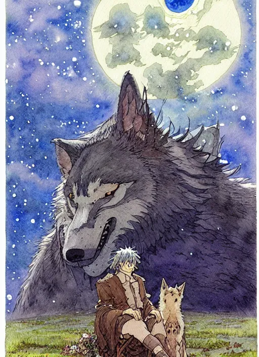Image similar to hyperrealist studio ghibli watercolor fantasy concept art of a giant wolf from howl's moving castle sitting on stonehenge like a chair. it is a misty starry night. by rebecca guay, michael kaluta, charles vess