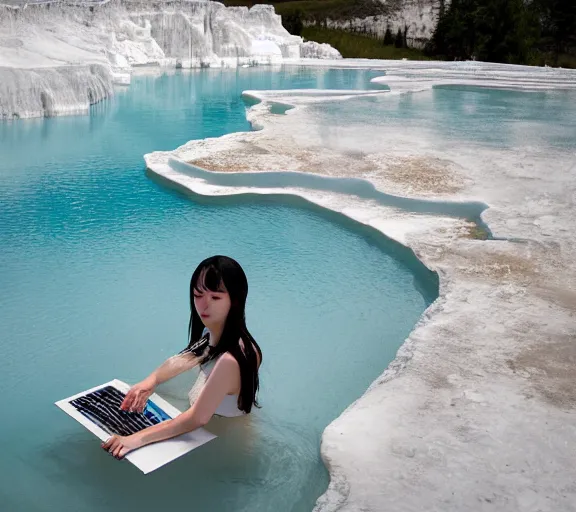 Prompt: Lee Jin-Eun hacking a laptop at Pamukkale, thermal waters flowing down white travertine terraces by Martine Johanna, rule of thirds, seductive look, beautiful