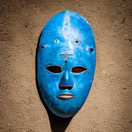 Image similar to a dark African ritual mask with light blue details, realistic, photography