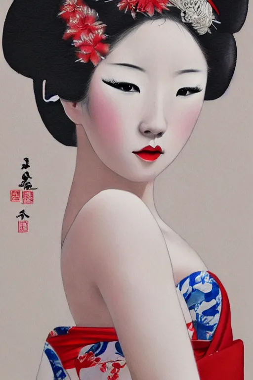 Image similar to sensual and very seductive geisha, digital art, 8k, character, realistic, portrait, photorealism, japan watercolour, masterpiece art