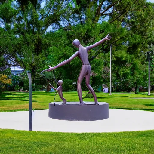 Prompt: high resolution photograph of a bronze cast stick figure sculpture in a roundabout