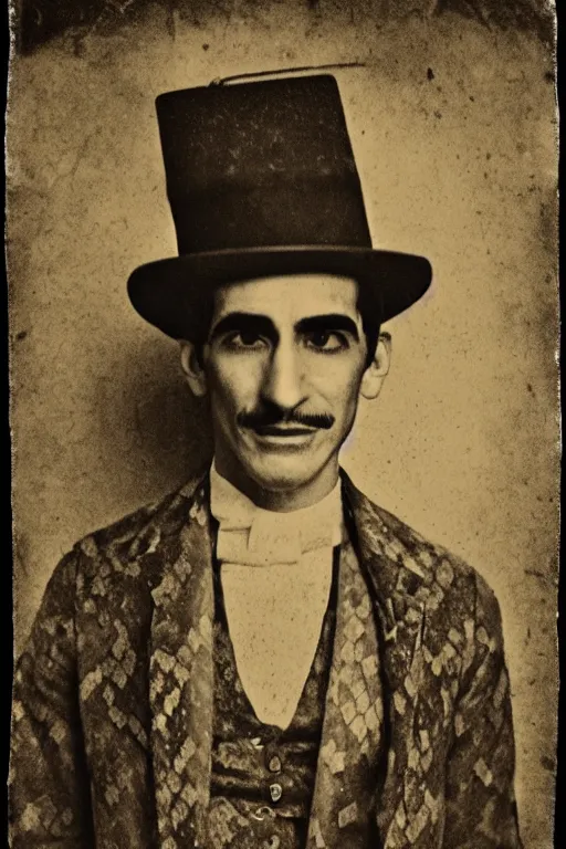 Image similar to portrait of patrick fischler as a snake oil salesman, daguerreotype, steampunk, groovy