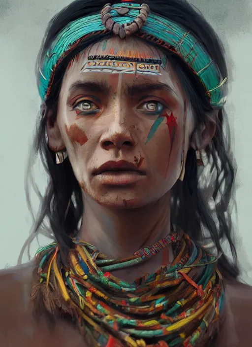 Prompt: A painting of a tribal woman trending on artstation in the style of Greg Rutkowski