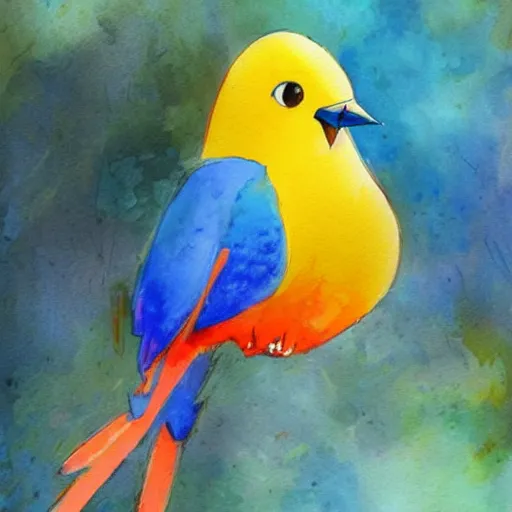 Image similar to a beautiful adorable fantasy whimsical watercolor painting of a blue bird, a red bird and a yellow bird, bright blue sky, Disney concept art, trending on artstation hq, contest winner