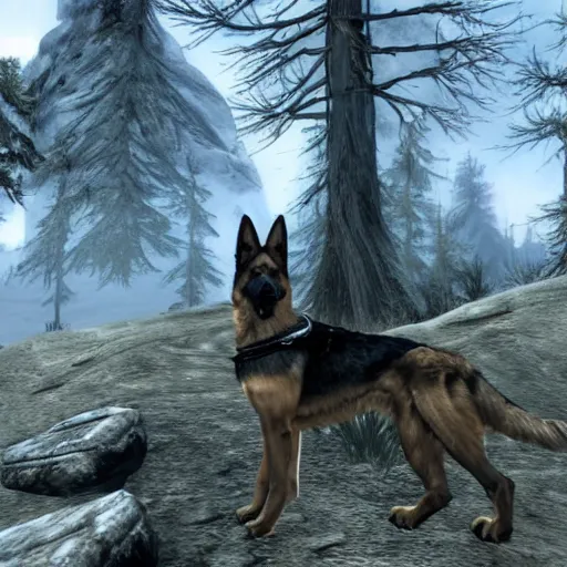 Prompt: German shepard in Skyrim