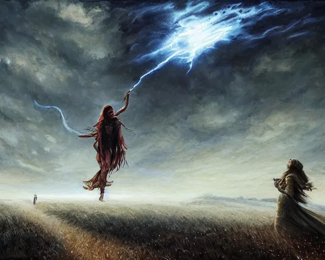 Prompt: sorceress casting powerful meteor spell in the plains. highly detailed painting by seb mckinnon 8 k