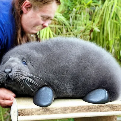 Prompt: incredibly fluffy cat sized pygmy manatee being cradled by a person, realistic, fantasy, pet, adorable, national geographic