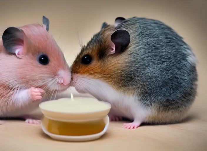 Prompt: photo of a hamsters kissing!!!!, at night, romantic, faded colors, candlelit restaurant table, cinematic color grading, various poses, soft light, well framed, sharp focus, 8 k