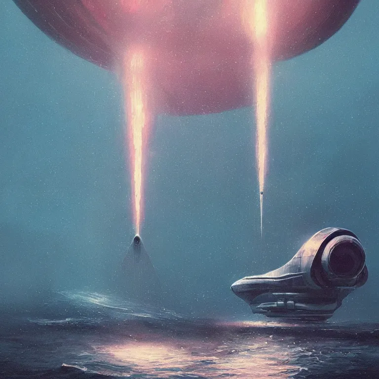 Prompt: mechanical spaceship called the nautilus dripping wet emerging from a the ocean, launching to space, big booster rocket engines, sci - fi concept art, by john harris, by simon stalenhag, stunning, award winning