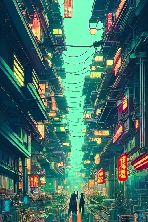 Image similar to a beautiful hyperdetailed matte illustration victo ngai cyberpunk style of absolutely beautiful cyberpunk street, from china, perfectly shaded, atmospheric lighting, style of studio ghibli, makoto shinkai, raphael lacoste, louis comfort tiffany, artgerm, james jean, ross tran, chinese style