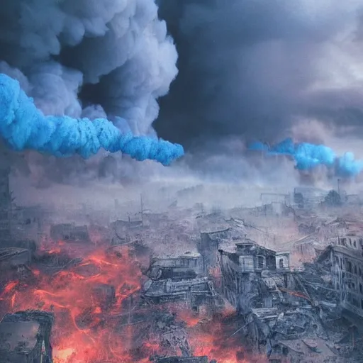 Image similar to destroyed city, dystopian, war, real, thick vivid blue smoke, red clouds, detailed, award winning, masterpiece