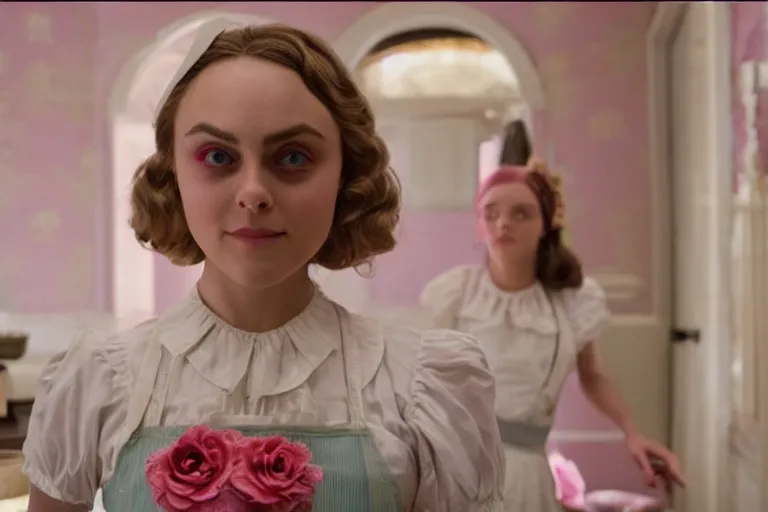 Image similar to mid-shot of AnnaSophia Robb as a maid in the new movie directed by Wes Anderson, symmetrical shot, idiosyncratic, relentlessly detailed, pastel, limited colour palette, detailed face, movie still frame, promotional image, imax 70 mm footage