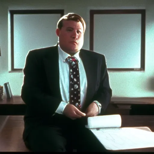 Image similar to clean - shaven chubby white wearing a shirt and necktie sitting at a desk, 1 9 8 9 movie still, cinematography, cinematic lighting