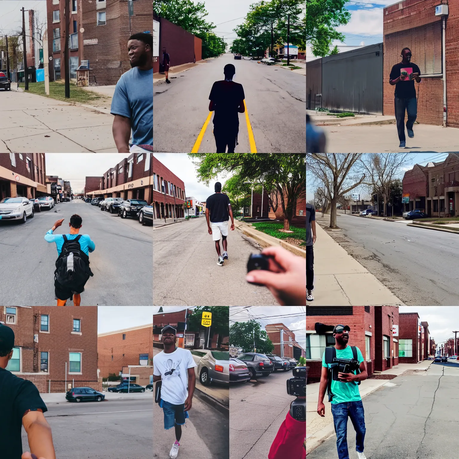 Prompt: a vlogging channel vlogging himself walking through the streets of east saint louis