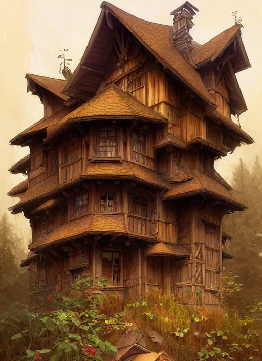 Image similar to wooden house in a wood musically gifted intricate, elegant, highly detailed, digital painting, artstation, concept art, smooth, sharp focus, illustration, art by artgerm and greg rutkowski and alphonse mucha