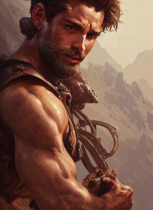 Image similar to Rugged ranger, male, man, D&D, muscular, bare thighs, fantasy, intricate, elegant, highly detailed, digital painting, artstation, concept art, smooth, sharp focus, illustration, art by artgerm and greg rutkowski and alphonse mucha