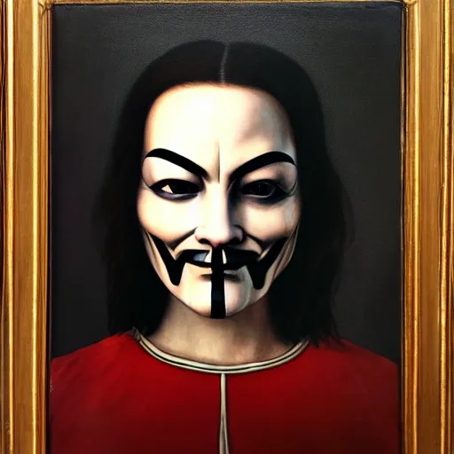 Image similar to a renaissance style portrait painting of V for Vendetta