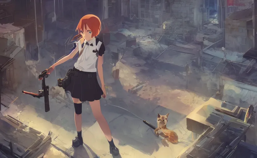 Prompt: a girl in her school uniform holding a shotgun with a cat next to her, epic apocalyptic city, an anime scene illustrated by Makoto Shinkai, digital art, 4k ultra