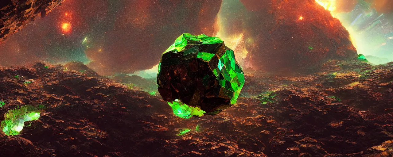 Prompt: asteroid made of copper and green glass, [ shards, facets, by paul lehr, cinematic, detailed, epic, widescreen, opening, establishing, mattepainting, photorealistic, realistic textures, octane render ]