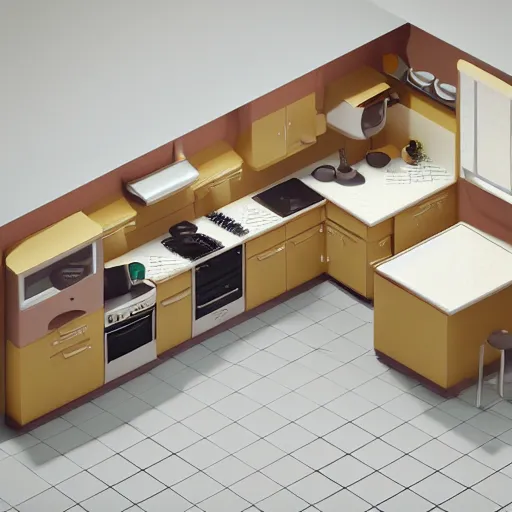 Image similar to isometric chubby kitchen, c 4 d style, octane render, studio lighting