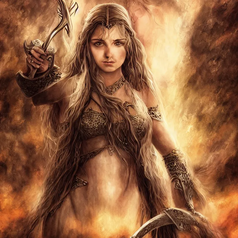 Prompt: extremely detailed fantasy art of a cute female, lord of the rings, poster, full body, 4 k