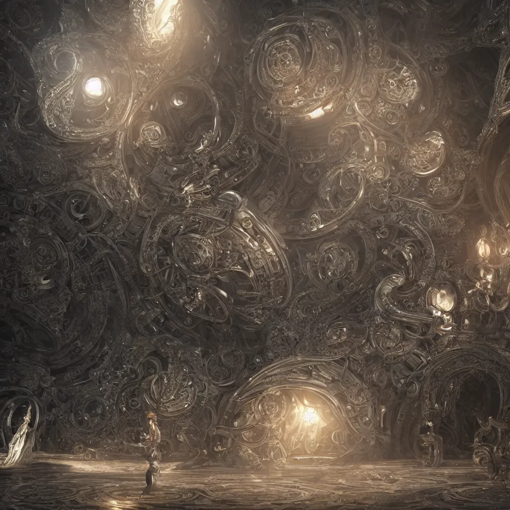 Image similar to time machine, silver mechanical fantasy, intricate, elegant, highly detailed, digital painting, concept art, smooth, sharp focus, illustration, divine realm of gods, realistic cinematic style, filmed in 70mm, volumetric lighting, octane render, photographic, concept art, artist Leonardo DaVinci, unreal engine 8k