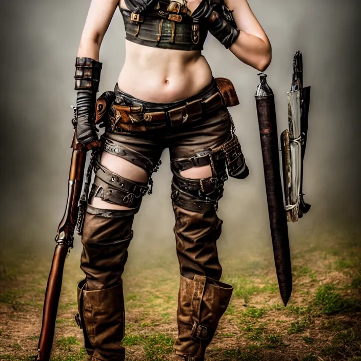 Prompt: full length photo of a very beautiful female dieselpunk warrior with weapons, 8 k, hdr, smooth, sharp focus, high resolution, award - winning photo