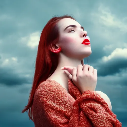 Prompt: analog closeup of a beautiful young woman wearing heavy makeup, clouds in the background, warm tones, red color bleed, film grain