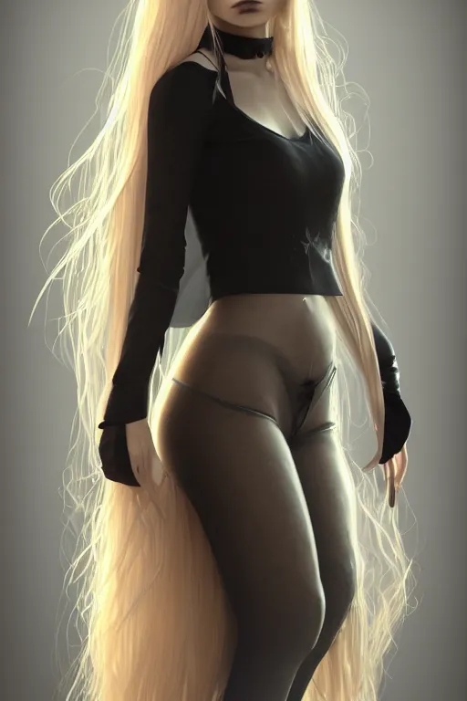 Prompt: award winning full body art of a beautiful young woman with very long blonde hair and a full fringe, wearing large thin-rimmed round glasses, wearing modern gothic clothes, trending artstation, digital art, award winning art, aesthetic, 4K, realistic, octane render, Photograph
