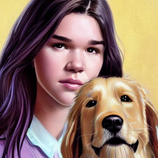 Prompt: Hailee Steinfeld as Kate Bishop facing forward and petting a Golden Retriever missing left eye, Marvel, Hawkeye, blush, intricate, face, cute, elegant, light purple mist, highly detailed, digital painting, artstation, concept art, matte, sharp focus, illustration, art by Artgerm and Greg Rutkowski and Alphonse Mucha