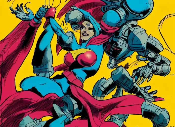 Image similar to comic panel of a dynamically posed beautiful!! riot grrl female superhero in short shorts, fighting an alien robot, by cory walker and ryan ottley and jack kirby and barry windsor - smith and norman rockwel and frank frazetta, concept art, smooth, sharp focus, comic, illustration, photo real