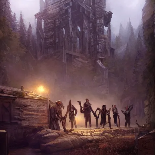 Prompt: epic masterpiece of cinematographic hyperrealism where a group of archeologists appears in front of the dread tower. realistic shaded lighting poster by craig mallismo, artgerm, jeremy lipkin and michael garmash, unreal engine, radiant light, detailed and intricate environment, digital art, art station trends