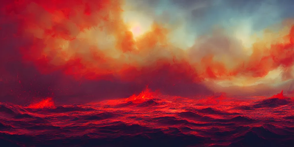 Prompt: a boiling and flaming red sea, illustration, raining, dark and moody lighting, at night, digital art, oil painting, fantasy, 8 k, trending on artstation, detailed