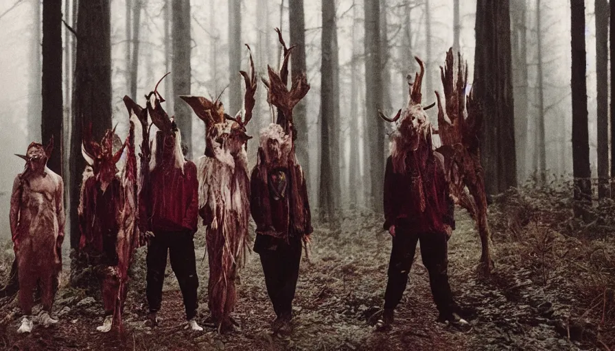 Image similar to high realistic photo portrait of esoteric tribes members with taxidermic flesh bloody mask in a foggy forest, cinestill 800t 35mm, heavy grain, high quality,