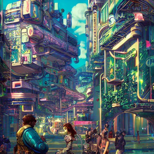 Prompt: Lofi vaporwave sci-fi steampunk nintendocore overpopulated city, Pixar style, Tristan Eaton, Stanley Artgerm, Tom Bagshaw