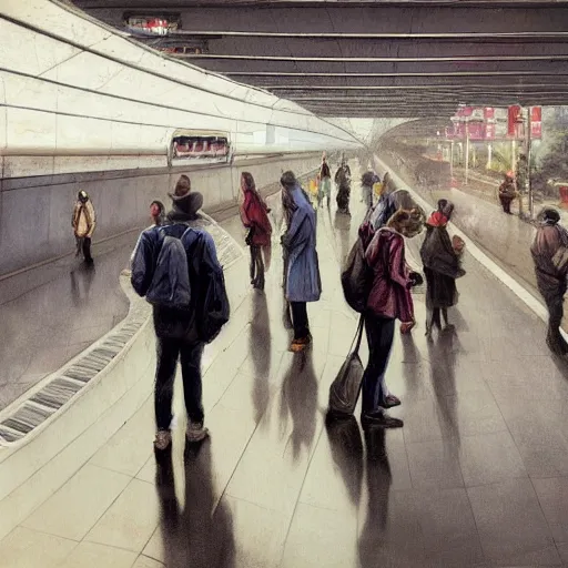 Image similar to commuters in the rush hour at the platform of an underground santiago metro station in direction to nowhere, by raoul ruiz, esao andrews and greg rutkowski