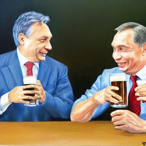 Image similar to viktor orban drinking beer with putin, anatomically correct, oil painting, highly detailed