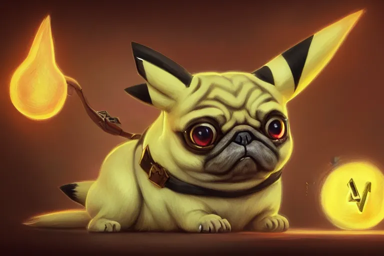 Image similar to photography of pikachu pug, deep focus, d & d, intricate, elegant, highly detailed, digital painting, artstation, concept art, matte, sharp focus, illustration, hearthstone, art by artgerm and greg rutkowski and alphonse mucha