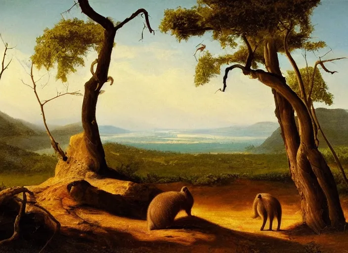 Prompt: the first mammals start to appear after the long impact winters, small mammals explore the new lands of the paleogene era of earth, in the style of hudson river school of art, oil on canvas