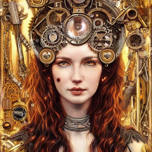 Prompt: Head and shoulders materpiece portrait of Lana Rhoades as a steampunk beautiful goddess, she half human and half robot, she is embellished with few gears wheels and gemstones, by William Holman Hunt, Greg Rutkowski, Stanely Artgerm, Tooth Wu, Peter Gric, Aaron Horkey, trending on Artstation, digital art, mythological, symmetrical artwork, cinematic lighting, hyper realism, high detail, octane render, ultra realistic, golden ratio, 4k, 8k